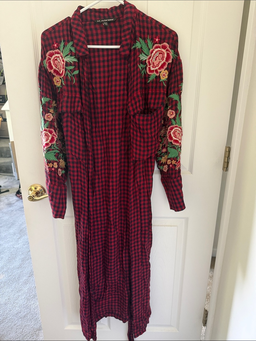 Floral Embroidered Red Plaid Women's Duster Dress